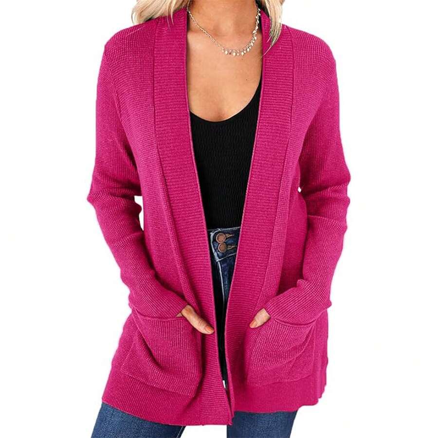 Womens Open Front Oversized Chunky Knit Long Cardigan Sweaters Dressy Long Sleeve Fall Cardigan Outwear With Pockets - Hot Pink - View 1
