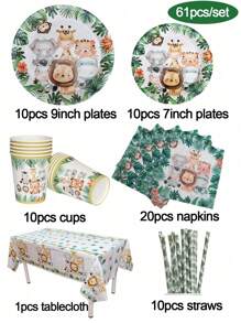 106/61pcs Jungle Animal Theme Tableware Set Palm Leaves Print Paper Plates Cups Straws Tablecloth Napkins Birthday Table Decoration Wild One Forest Safari Birthday Party Supplies