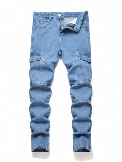 Teen Boy Mid-Blue Side Pocket Distressed Straight Leg Jeans