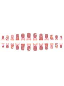 24 piezas  de uñas postizas de alta calidad de media longitud de pico de pato con mariposas, flores rosas y perlas en 3D, dulces y frescas. Adecuadas para uso diario de mujeres y niñas. Artículos de suministros de uñas - Amarillo - Ver 5