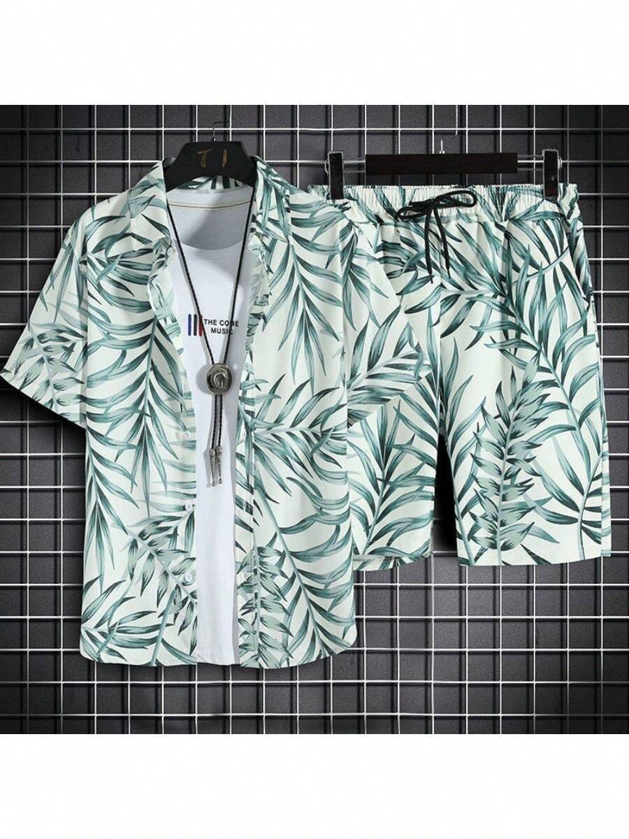 Tropical calor Camisas de flores para hombre Pantalones de playa para hombre Conjunto de dos piezas de playa - Verde - Ver 1