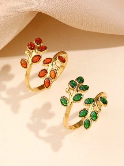 1pc Stainless Steel Fashionable Simple Creative Women's Red And Green Oil Drop Leaf Shape Open Ring, Suitable For Women's Daily Wear Or Gift Giving
