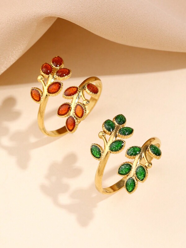 1pc Stainless Steel Fashionable Simple Creative Women's Red And Green Oil Drop Leaf Shape Open Ring, Suitable For Women's Daily Wear Or Gift Giving