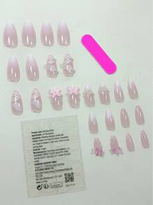 Balletcore Cute Y2K Sweet Girl Style 24pcs Short French Style Pure Handmade 3D Bow, Flower & Bow Detail, Pearl, Ribbon & Almond-Shaped Wearable Decor False Nails Set Suitable For Students, Office Ladies, Parties, Dances, Dates, Daily Wear Press On Nails Supplies