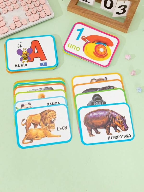 1 hoja de 28 tarjetas didácticas de aprendizaje cognitivo para niños en español, con números y letras de animales, tarjetas de memoria de doble cara divertidas para niños de 3 a 14 años. Juguetes educativos y regalos de aprendizaje para niños.