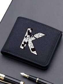 1 件时尚钱包，方便的黑色帆布卡夹，时尚 26 字母双折短钱包