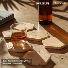 TransMarble Natural Travertine Coasters Set Of 6 - Hexagonal Absorbent Stone Coasters For Drinks, Coffee, Tea With Metal Stand Holder As Home Décor, Housewarming Gifts - Màu be mờ - Xem 6