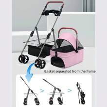 Foldable Pet Stroller For Cats/Dogs, Height Adjustable Handle, Frame And Portable Basket Can Be Separated, Safety Tether, Storage Basket + Cup Holder, 4 Colors
