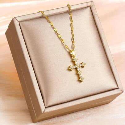 1pc Kids Dainty And Shiny Gold Plated Cross Shape Pendant Necklace  Diamond Suitable For Children Fashion Delicate Party Festival Jewelry Gift For Daily Wearing Gold Jewelry Back To School