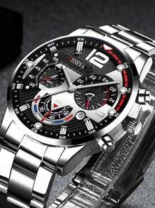 3pcs/Set Boys' Casual Sports Stainless Steel Quartz Watch And Bracelet & Necklace Set