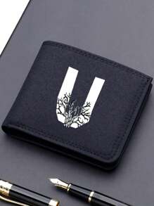 1pc Fashionable Unisex Wallet Convenient Black Canvas Card Holder 26-Letter Double Fold Short Wallet, Best Friend Gift - Black - View 32
