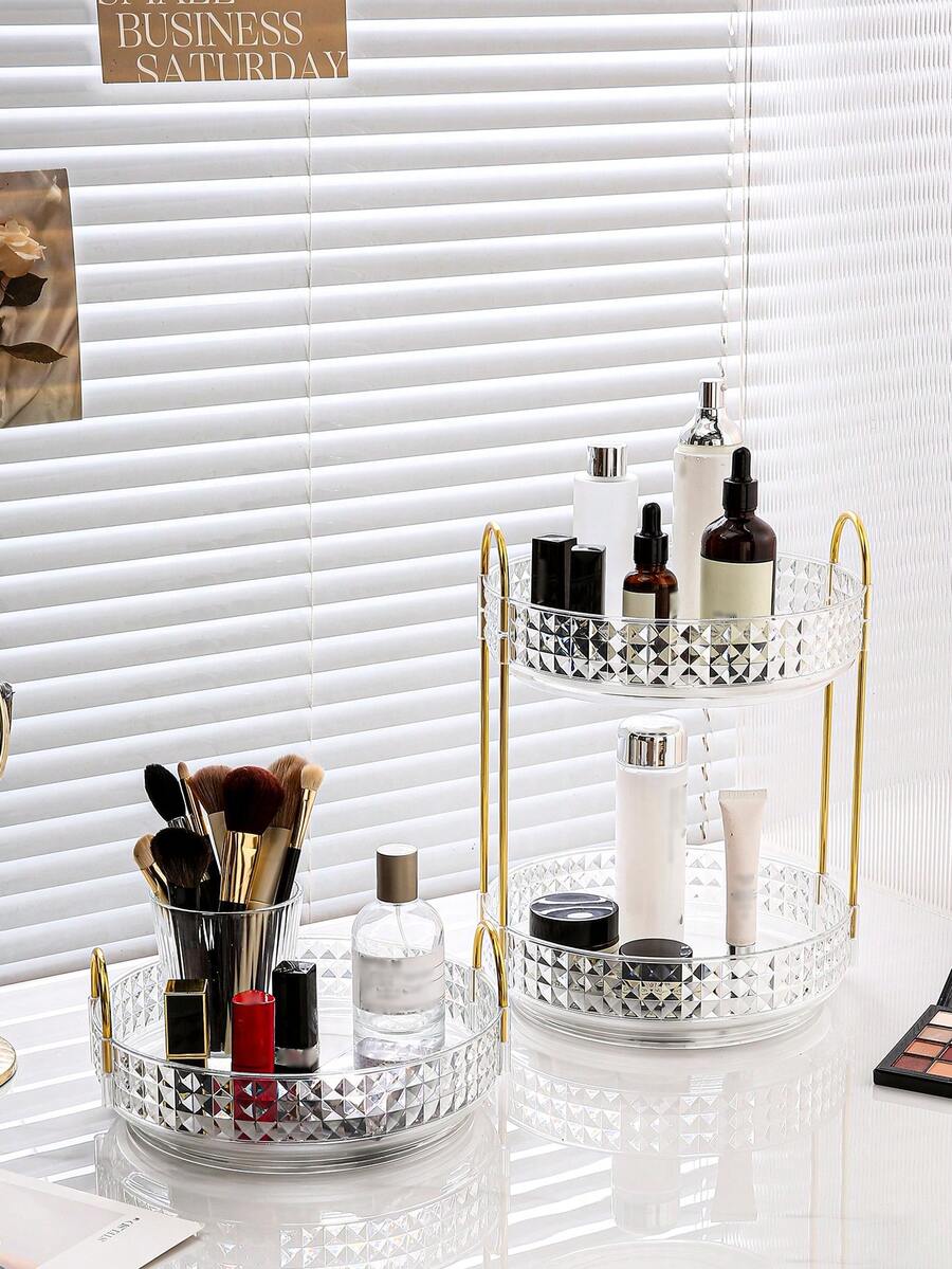 1 件透明钻石图案旋转桌面展示收纳盒，化妆品收纳架，适用于化妆品、香水和美容产品 - 彩色 - 查看 1