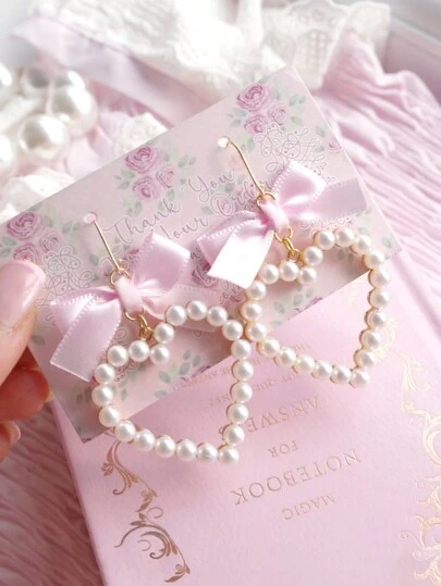 1 Pair Cute Pink Heart & Bow Faux Pearl Pendant Earrings, Fashionable Jewelry Suitable For Women Parties (No Card)