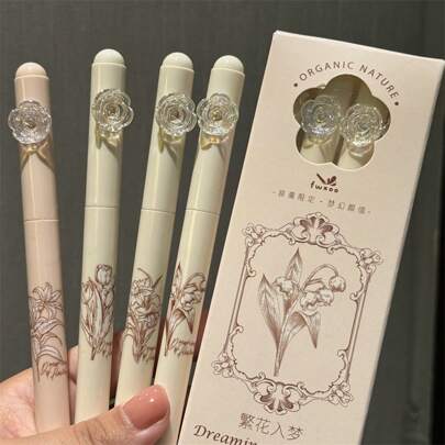 4 قطعة/صندوق قلم دوار باللون الأسود بتصميم جذاب جدًا برأس بارز بطراز INS، بطبعة أحلام زهرية سوداء، قلم فرشاة سريع التجفيف للواجبات المنزلية للعودة للمدرسة