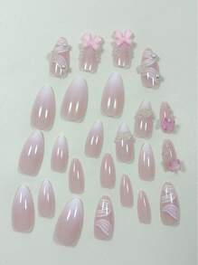 Balletcore Cute Y2K Sweet Girl Style 24pcs Short French Style Pure Handmade 3D Bow, Flower & Bow Detail, Pearl, Ribbon & Almond-Shaped Wearable Decor False Nails Set Suitable For Students, Office Ladies, Parties, Dances, Dates, Daily Wear Press On Nails Supplies
