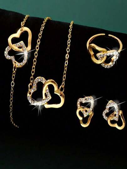 1 Set Of 4 Pieces Women's Double Love Necklace Bracelet Earrings Ring Pendant Jewelry Set With Light Luxury Elegant Valentines,Mom,Mother,Mother's Day,Gift