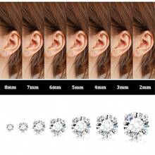 6pcs/Set 3mm - 8mm Hypoallergenic Flat Back Earrings For Women & Men, Silver Stainless Steel Stud Earrings With Cubic Zirconia Birthstone, Suitable For Sensitive Ears