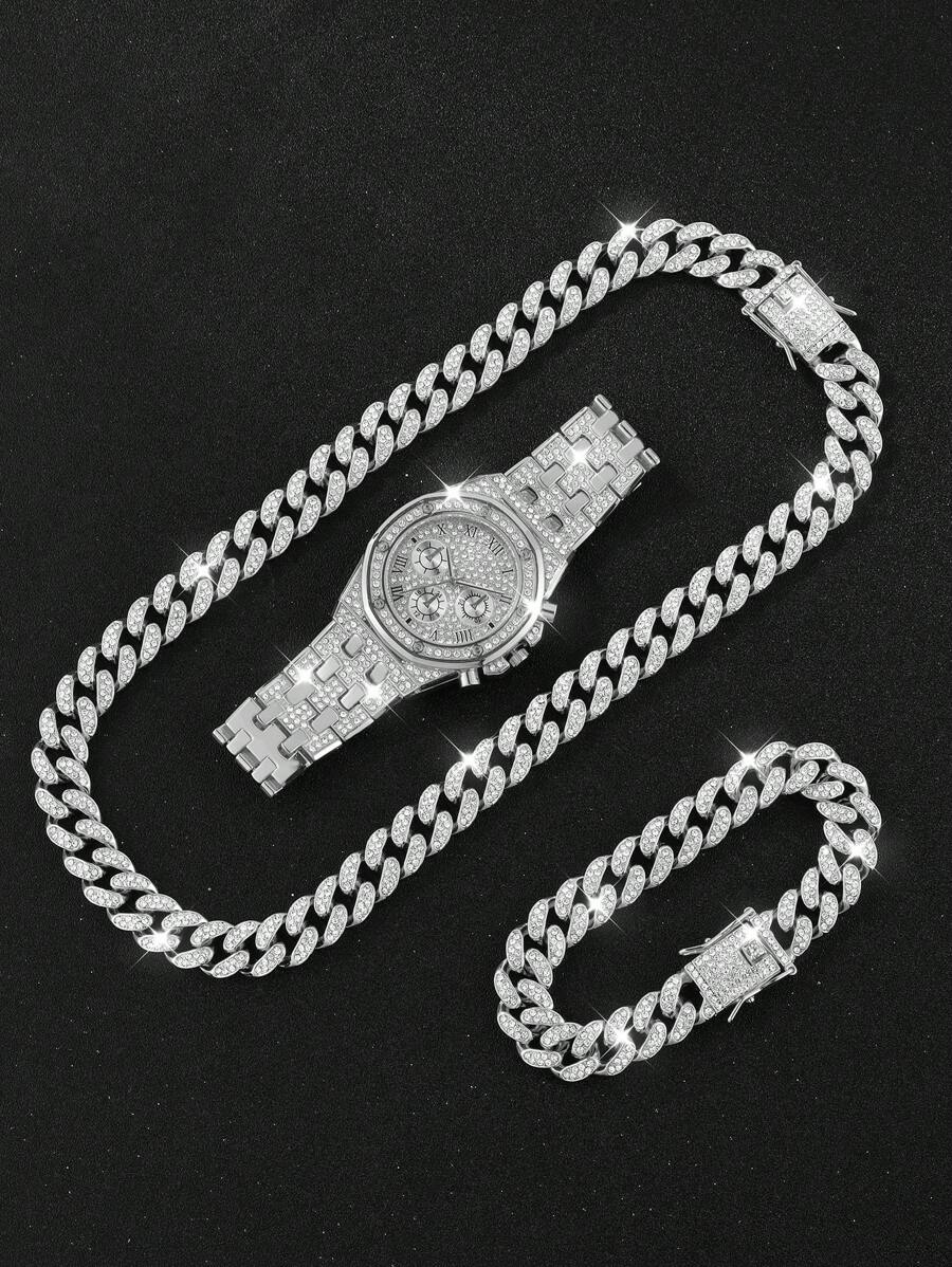 3pcs Boys' Hip Hop  Necklace And Bracelet Set, Quartz Watch With Calendar, Sports And Holiday Style - Silver - View 1