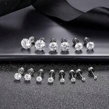 6pcs/Set 3mm - 8mm Hypoallergenic Flat Back Earrings For Women & Men, Silver Stainless Steel Stud Earrings With Cubic Zirconia Birthstone, Suitable For Sensitive Ears