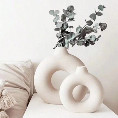 1 قطعة إناء زهور دائري بلاستيكي أبيض للديكور، إناء زهور مزيف للزهور الجافة، إناء فني لترتيبات الزهور، هدية ديكور بسيطة للغرفة المعيشة وقاعة العرض، ديكور منزلي لأعياد الميلاد والتخرج