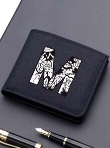 1 件时尚钱包，方便的黑色帆布卡夹，时尚 26 字母双折短钱包