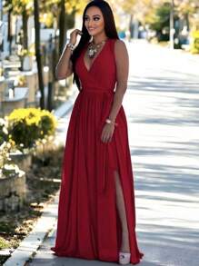 Vestido Elegante Con Escote Profundo Cinturón Ajustable Y Abertura En Pierna Para Mujer - Rojo - Ver 3