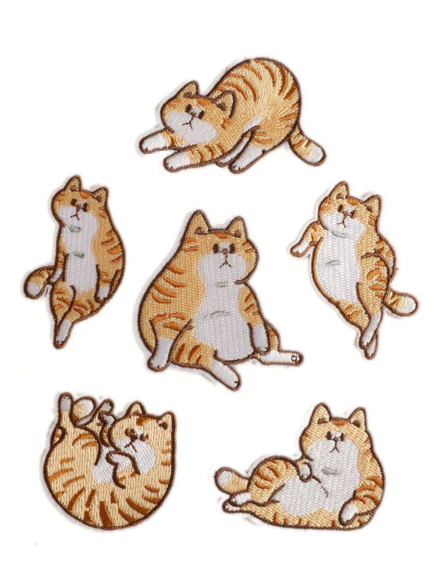 1組6入組多彩貓咪圖案織物貼片，可愛卡通風格，適用於熨裱、縫製衣服、包包、鞋子和帽子 - 彩色 - 查看 1