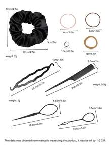 Lobaba 1pc Coffee-Colored Satin Hair Scrunchie With High Elasticity And Pure Black Elastic Band Braiding Tool, Multi-Functional Basic Hair Accessories Set - Multicolor - View 7