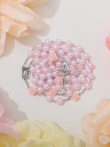 1 件珍珠玫瑰项链、圣母玛利亚和耶稣基督吊坠 - 粉色 - 查看 4