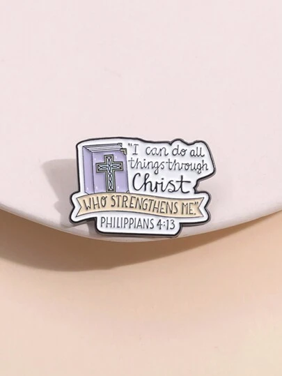 1pc Light-Colored Enamel Badge With English Letters, Interesting Book & Cross Shaped Alloy Brooch Pin, Suitable For Men & Women Daily Wear