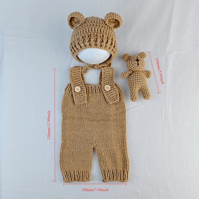 3PCS Newborn Photography Outfit Hand-Woven Shorts Hat Bear Doll Suit Bunny Cartoon Cap Newborn Photography Romper New Born Baby Boy Girl Clothing Baby Shower Family Decorations Gifts Baby Shower Easter Gift Things For Girls/Boys