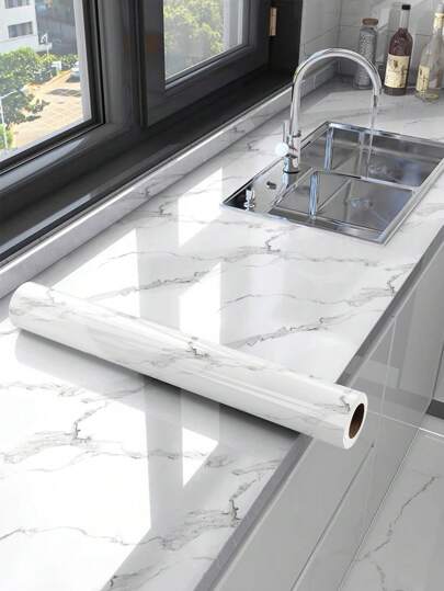 1pc Glossy White Kitchen Oil-Proof Sticker High-Temperature Resistant Waterproof Anti-Mold Ceramic Tile Wall Sticker Self-Adhesive Cabinet Sticker Tabletop Marble Pattern Film For Renovation,Stickers,Wall Decal, Vinyl Decal For Home Decorations,Spring Decoration Items Refresh Your Home,Rama Decoration Stickers