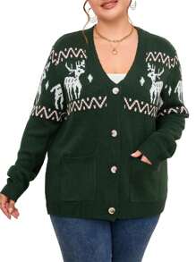 Women's Plus Size Ugly Christmas Cardigan Long Sleeve Holiday Sweaters With Cute Patterns - Green - View 1