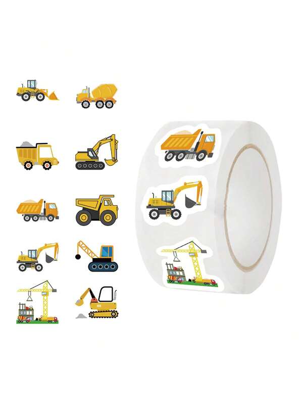 1 Roll/500 Sheets Cartoon Construction Vehicle Sticker For Scrapbooking, Envelope Sealing Back To School