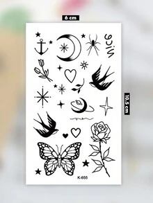 1張小型身體藝術暫時紋身貼紙，適用於女性或男性，黑色Y2K燕子月亮玫瑰心星球宇宙，小型圖案街頭風格，適用於手指，防水假紋身，持續2-5天，可覆蓋疤痕，可用於手臂、手腕、肩膀、腿、腰、頸部、手、胸部、大腿、手指、踝骨，適用於派對、禮物、假期、身體裝飾 - 黑色 - 查看 7