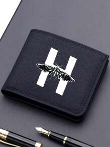 1pc Fashionable Unisex Wallet Convenient Black Canvas Card Holder 26-Letter Double Fold Short Wallet, Best Friend Gift - Black - View 34