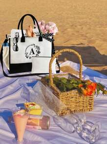 Túi vải canvas in họa tiết vòng hoa và chữ cái, túi xách tay tối giản bằng vải lanh, túi mua sắm tái sử dụng, túi đựng mỹ phẩm, túi quà tặng ngày lễ, thích hợp cho kỳ nghỉ, du lịch (mẫu ghép đen trắng), vật dụng cần thiết cho mùa hè, thích hợp cho kỳ nghỉ, sử dụng hàng ngày, sinh nhật, lễ hội, tựu trường, bãi biển, du lịch, đi làm, công tác, sinh viên, dã ngoại, cắm trại, mua sắm siêu thị, đựng đồ hàng ngày (kèm ruy băng và dây đeo vai) - Đen và trắng - Xem 7