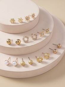 18pcs/Set Fresh Flower & Faux Pearl Stud Earrings Set, High-End Jewelry For Women's Everyday Wear Or As A Simple & Creative Festival Gift Valentines,Mom,Mother,Mother's Day,Gift
