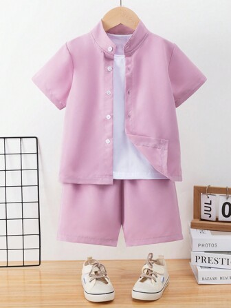 夏季嬰兒男孩簡約、時尚、復古、休閒、純色立領短袖襯衫和短褲套裝