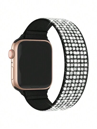 1 st enkelslinga dam nylon diamant-dubbade klockband kompatibel med 38 mm 40 mm 41 mm 42 mm 44 mm 45 mm 49 mm Apple Watch Ultra/SE/9/8/7/6/5/4/3/2/1, stjärnklar färg, helt täckt med glittrande kristaller