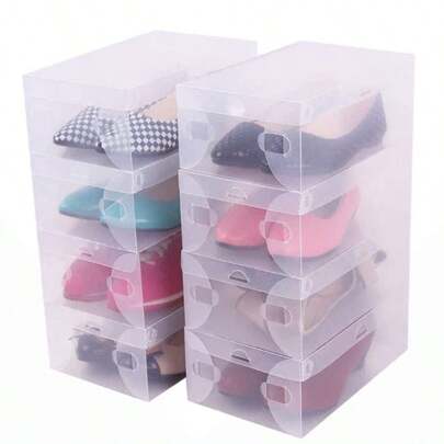 10pcs Set Transparent Stackable Shoe Storage Boxes, Drawer Style Plastic Covered Shoe Organizers