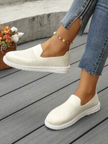 New Summer Style Breathable Knitted Flat Women's Sports Shoes, Suitable For Outdoor Running And Casual Wear, Easy Slip-On Design For Women - Beige - View 5