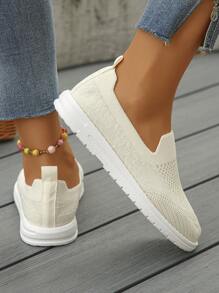 New Summer Style Breathable Knitted Flat Women's Sports Shoes, Suitable For Outdoor Running And Casual Wear, Easy Slip-On Design For Women - Beige - View 4
