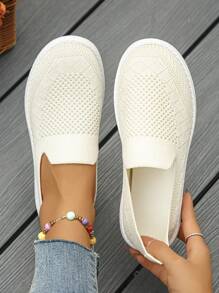 New Summer Style Breathable Knitted Flat Women's Sports Shoes, Suitable For Outdoor Running And Casual Wear, Easy Slip-On Design For Women - Beige - View 2