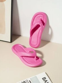 Chancletas rosa fuerte Eva para mujer, zapatillas planas de punta abierta suaves y antideslizantes para dormitorio y baño, sandalias planas tipo slide moldeado en una sola pieza, estilo casual y de vacaciones de playa de moda, verano - Rosa Fucsia - Ver 6