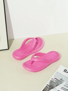 Chancletas rosa fuerte Eva para mujer, zapatillas planas de punta abierta suaves y antideslizantes para dormitorio y baño, sandalias planas tipo slide moldeado en una sola pieza, estilo casual y de vacaciones de playa de moda, verano - Rosa Fucsia - Ver 8