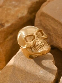 1pc Stainless Steel 18K Gold Plated Punk Gothic Skull Head Pattern Ring Face Men's Rings Summer Jewelry