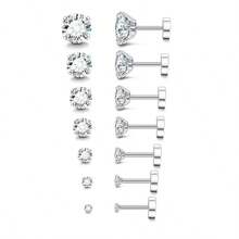 6pcs/Set 3mm - 8mm Hypoallergenic Flat Back Earrings For Women & Men, Silver Stainless Steel Stud Earrings With Cubic Zirconia Birthstone, Suitable For Sensitive Ears