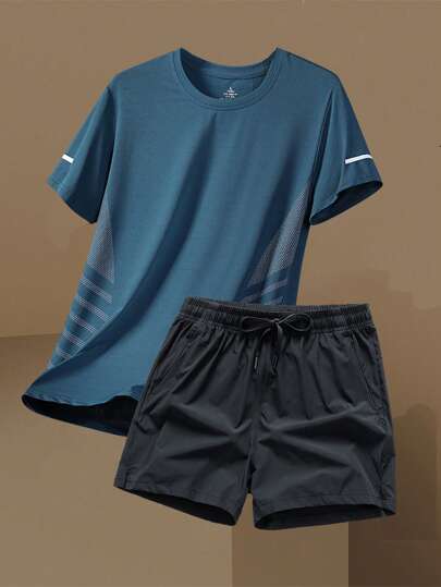 Conjunto de camiseta de manga corta y pantalones cortos deportivos de 2 piezas de estilo de novio, de seda de hielo de secado rápido y sensación refrescante de verano para hombre