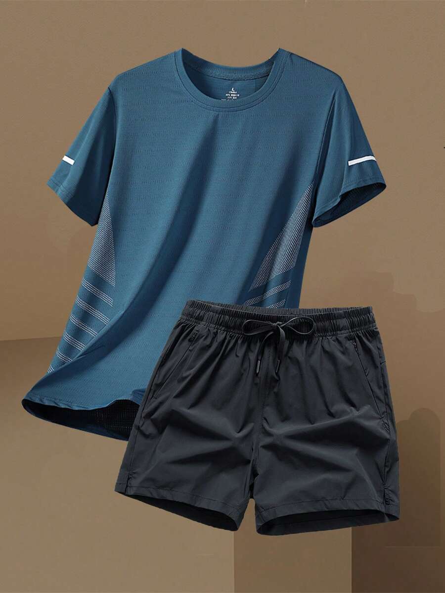 مجموعة بنطال وتي شيرت رياضي بأكمام قصيرة منعش وسريع التجفيف من الحرير الصناعي بأسلوب الحبيب للرجال في فصل الصيف - أخضر نعناع - مشاهدة 1